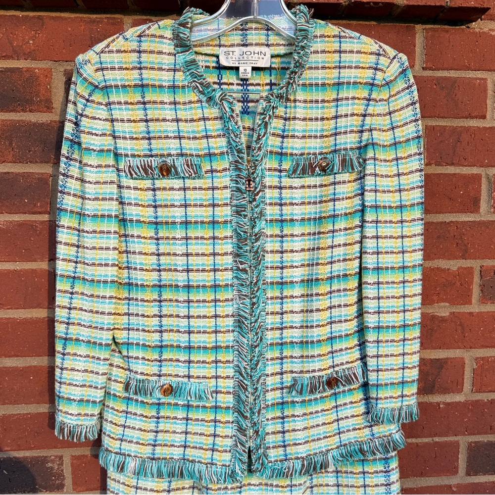 St. John Collection Turquoise Plaid Fringe Tweed Suit Jacket & Skirt Sz 10